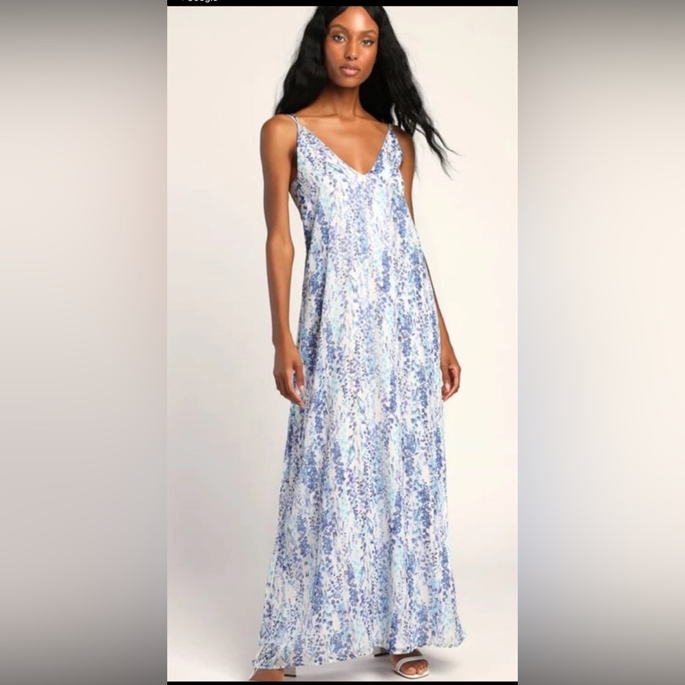 Lulus Blue Floral Maxi Dress w Tie Back